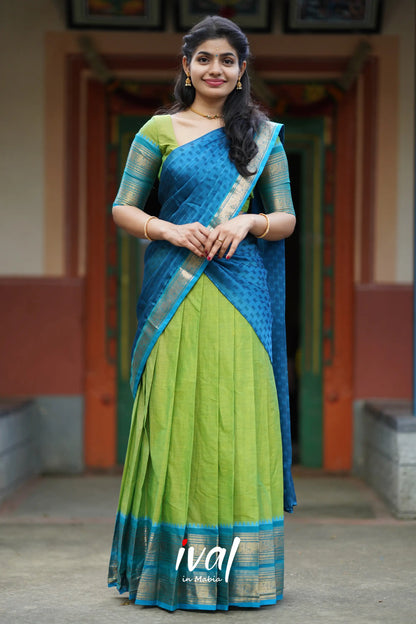 Padmaja - Light Green And Blue Cotton Halfsaree Half Sarees