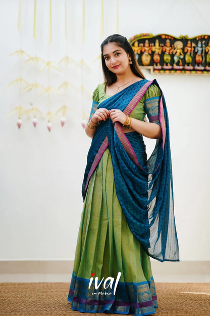 Padmaja - Light Green And Blue Cotton Halfsaree Half Sarees