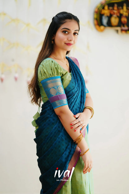 Padmaja - Light Green And Blue Cotton Halfsaree Half Sarees