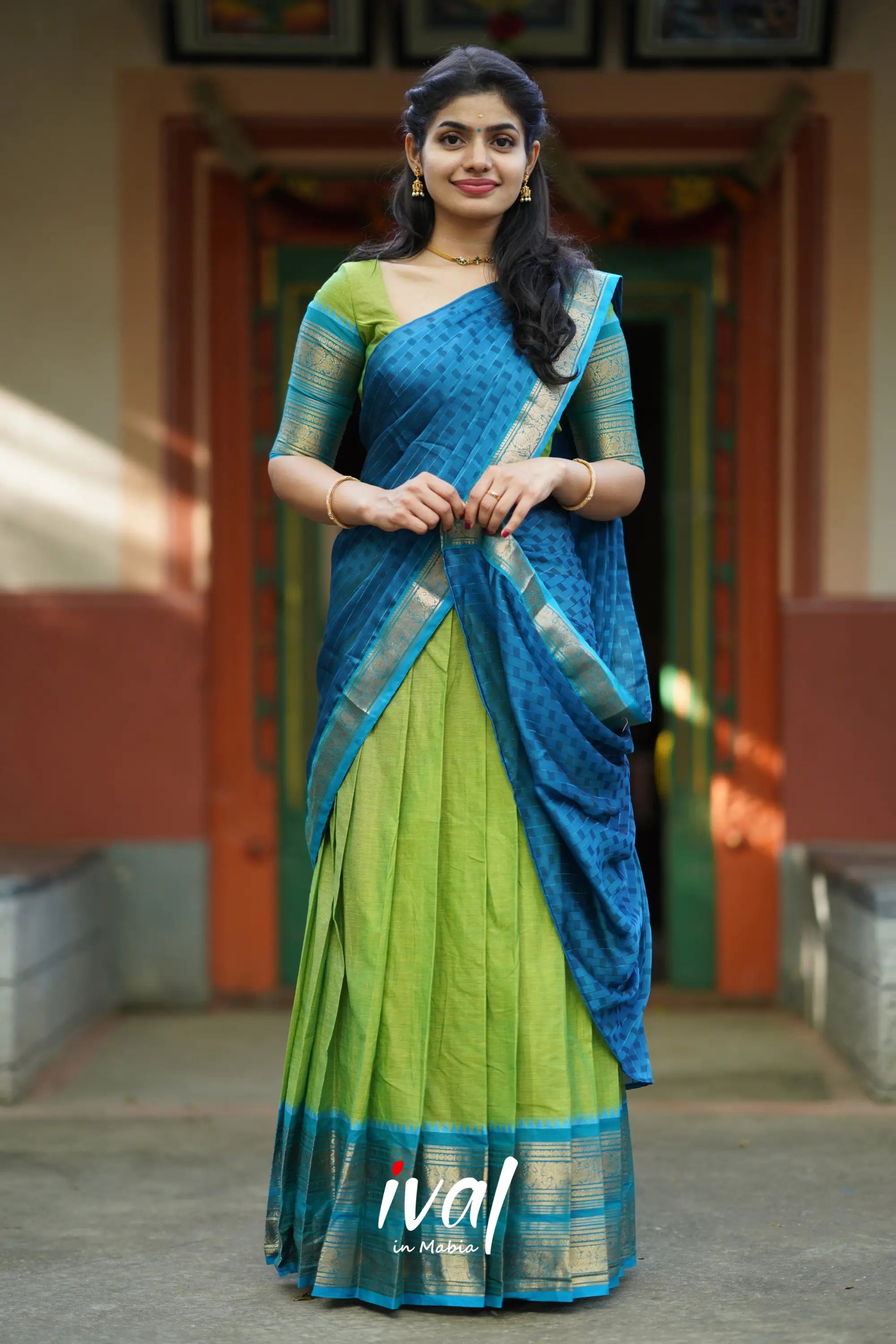 Padmaja - Light Green And Blue Cotton Halfsaree Half Sarees