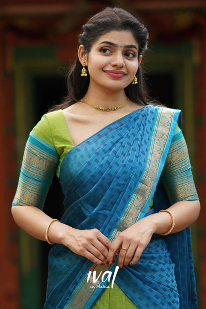 Padmaja - Light Green And Blue Cotton Halfsaree Half Sarees