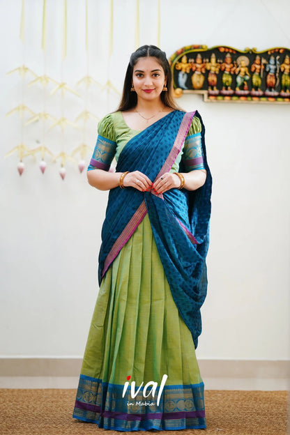 Padmaja - Light Green And Blue Cotton Halfsaree Half Sarees