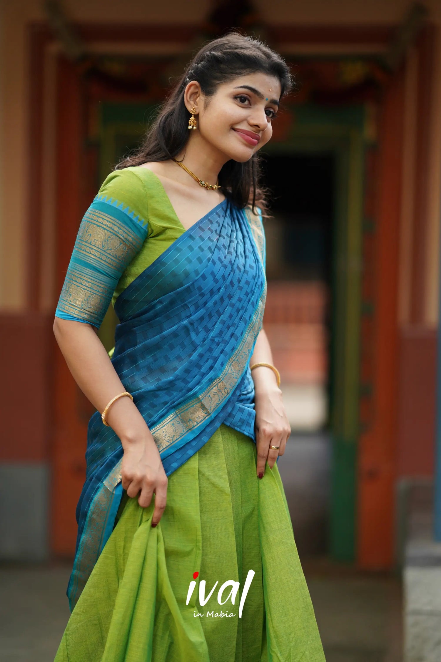 Padmaja - Light Green And Blue Cotton Halfsaree Half Sarees