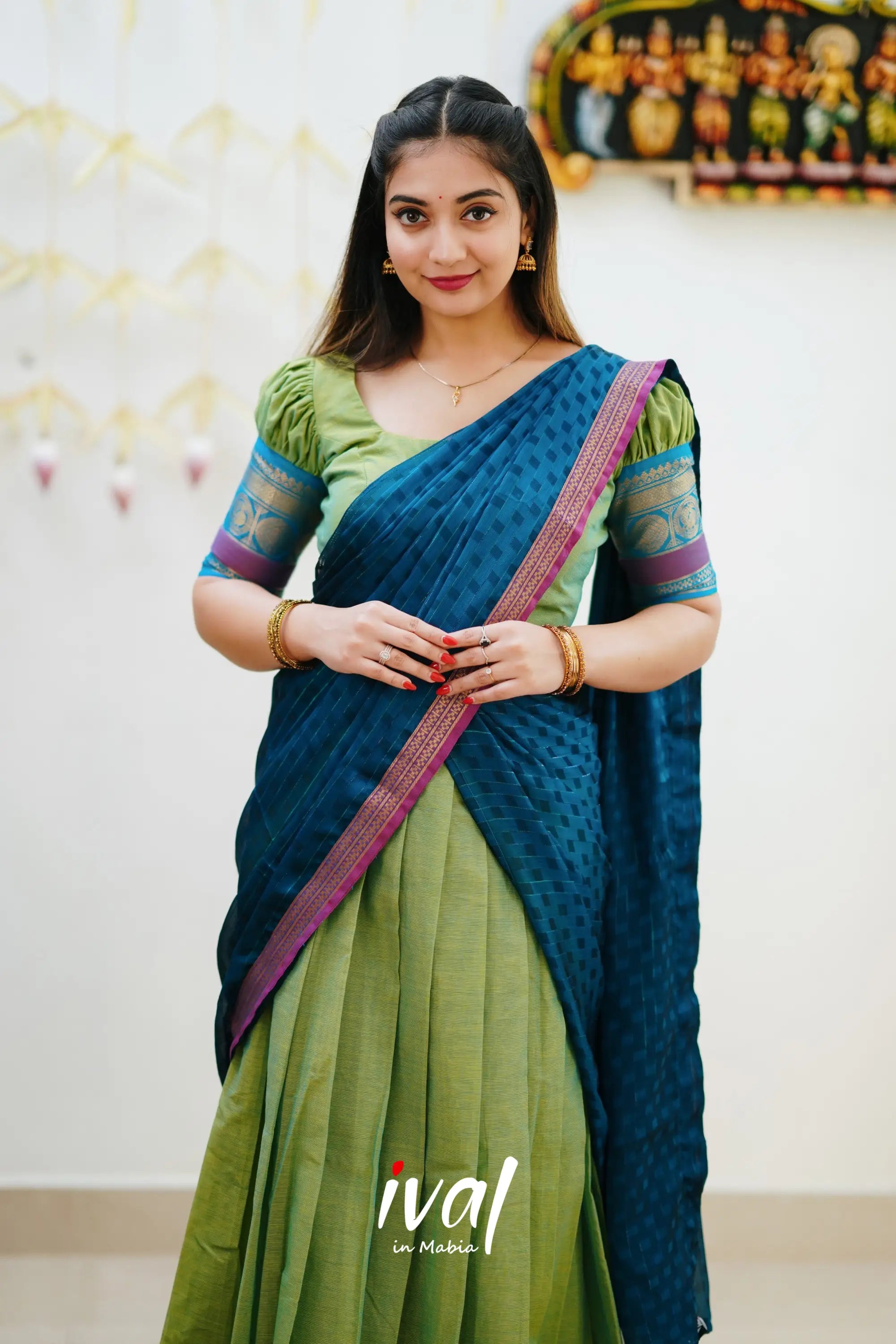 Padmaja - Light Green And Blue Cotton Halfsaree Half Sarees