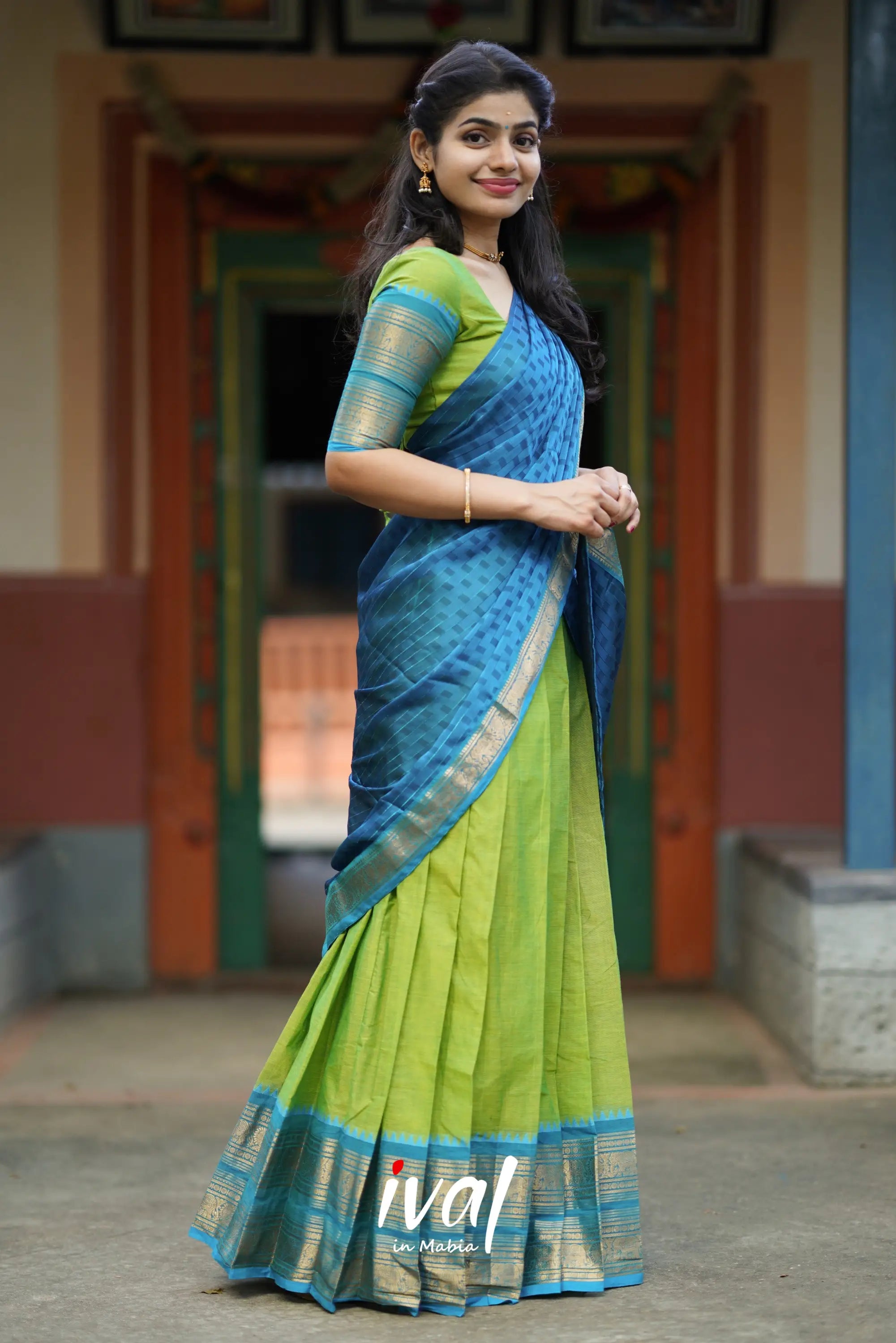 Padmaja - Light Green And Blue Cotton Halfsaree Half Sarees