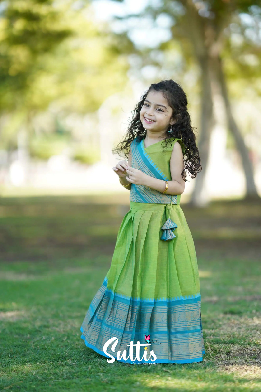 Padmaja - Light Green And Blue Crop Top Skirt Kids-Suttis