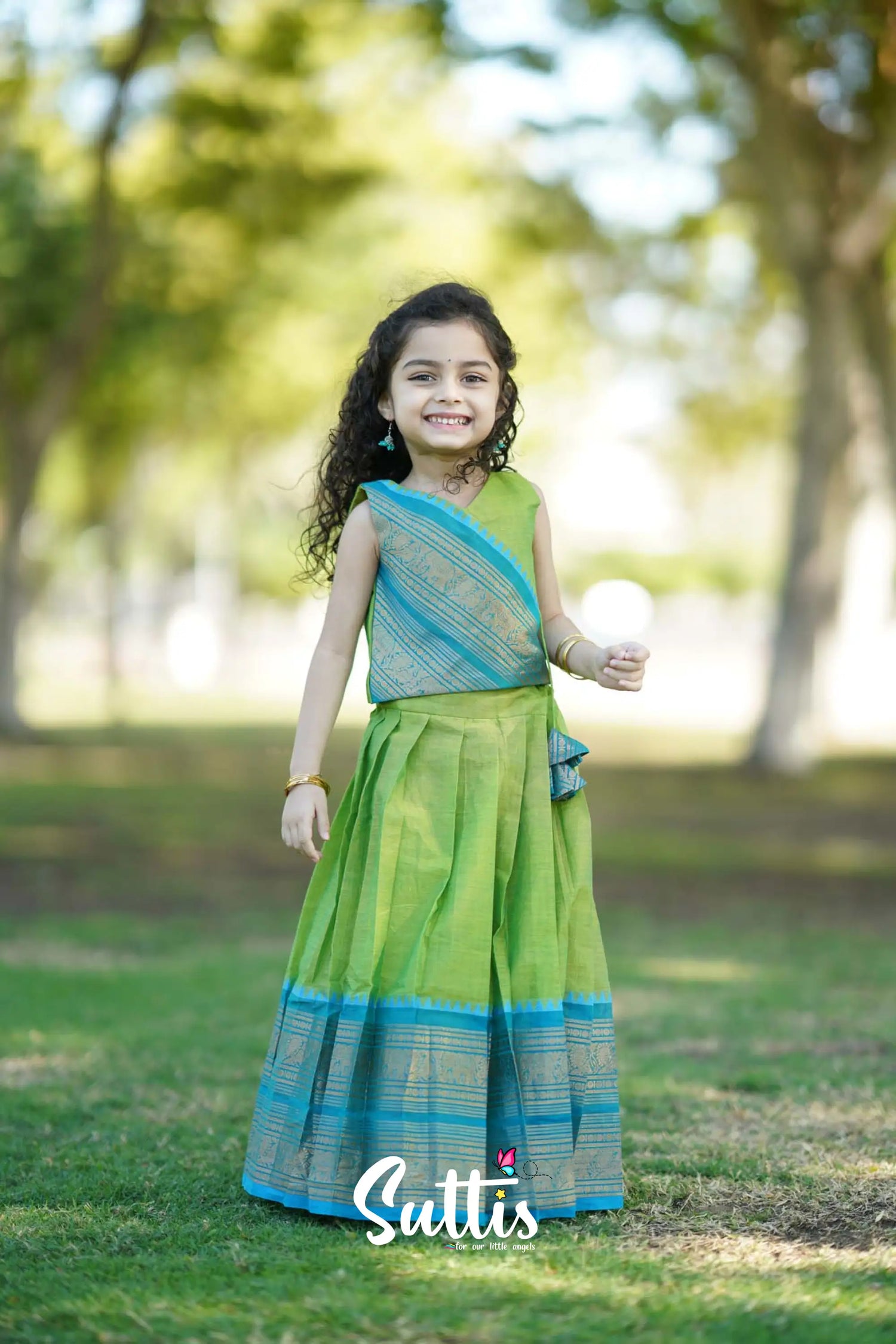 Padmaja - Light Green And Blue Crop Top Skirt Kids-Suttis