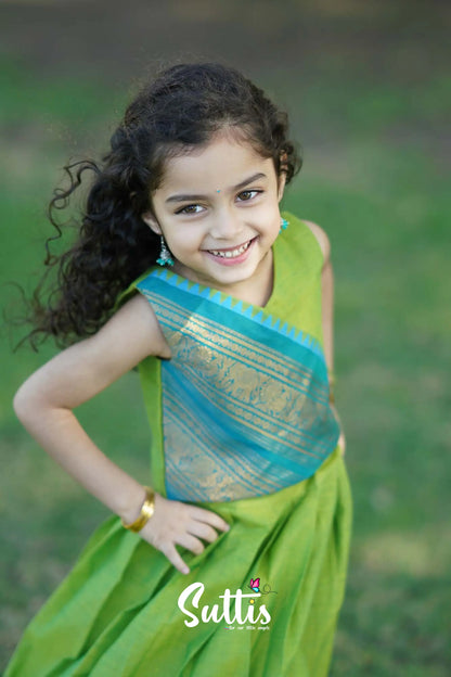 Padmaja - Light Green And Blue Crop Top Skirt Kids-Suttis