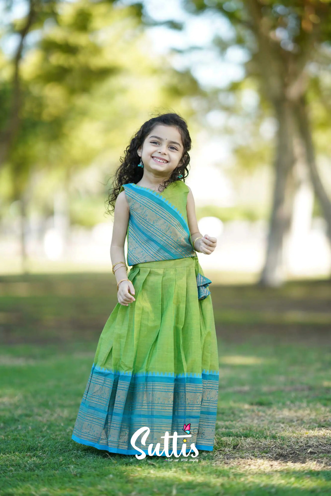 Padmaja - Light Green And Blue Crop Top Skirt Kids-Suttis