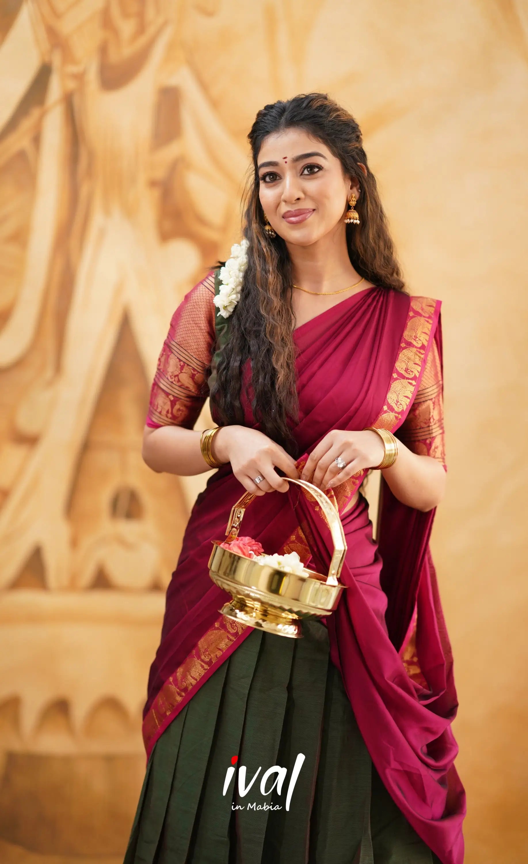 Padmaja - Manthalir Green And Reddish Maroon Cotton Halfsaree Half Sarees