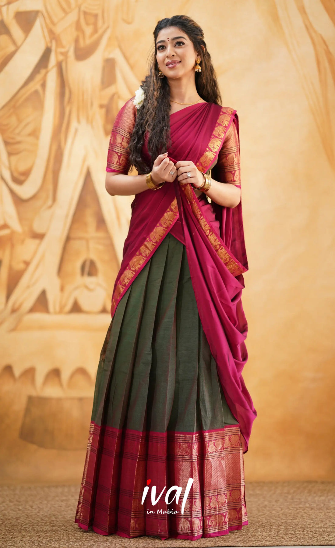 Padmaja - Manthalir Green And Reddish Maroon Cotton Halfsaree Half Sarees