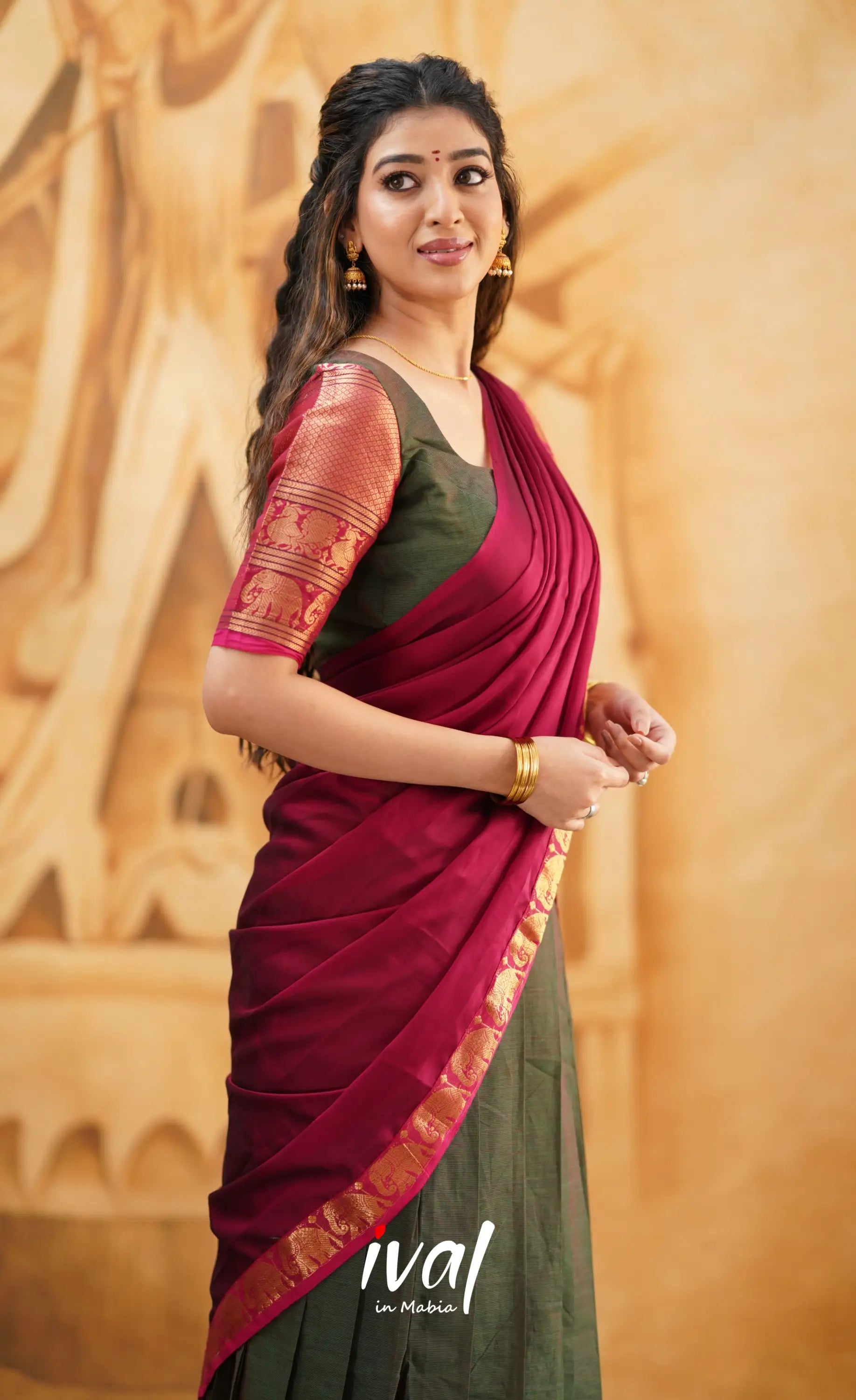 Padmaja - Manthalir Green And Reddish Maroon Cotton Halfsaree Half Sarees