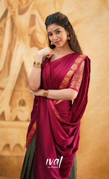 Padmaja - Manthalir Green And Reddish Maroon Cotton Halfsaree Half Sarees