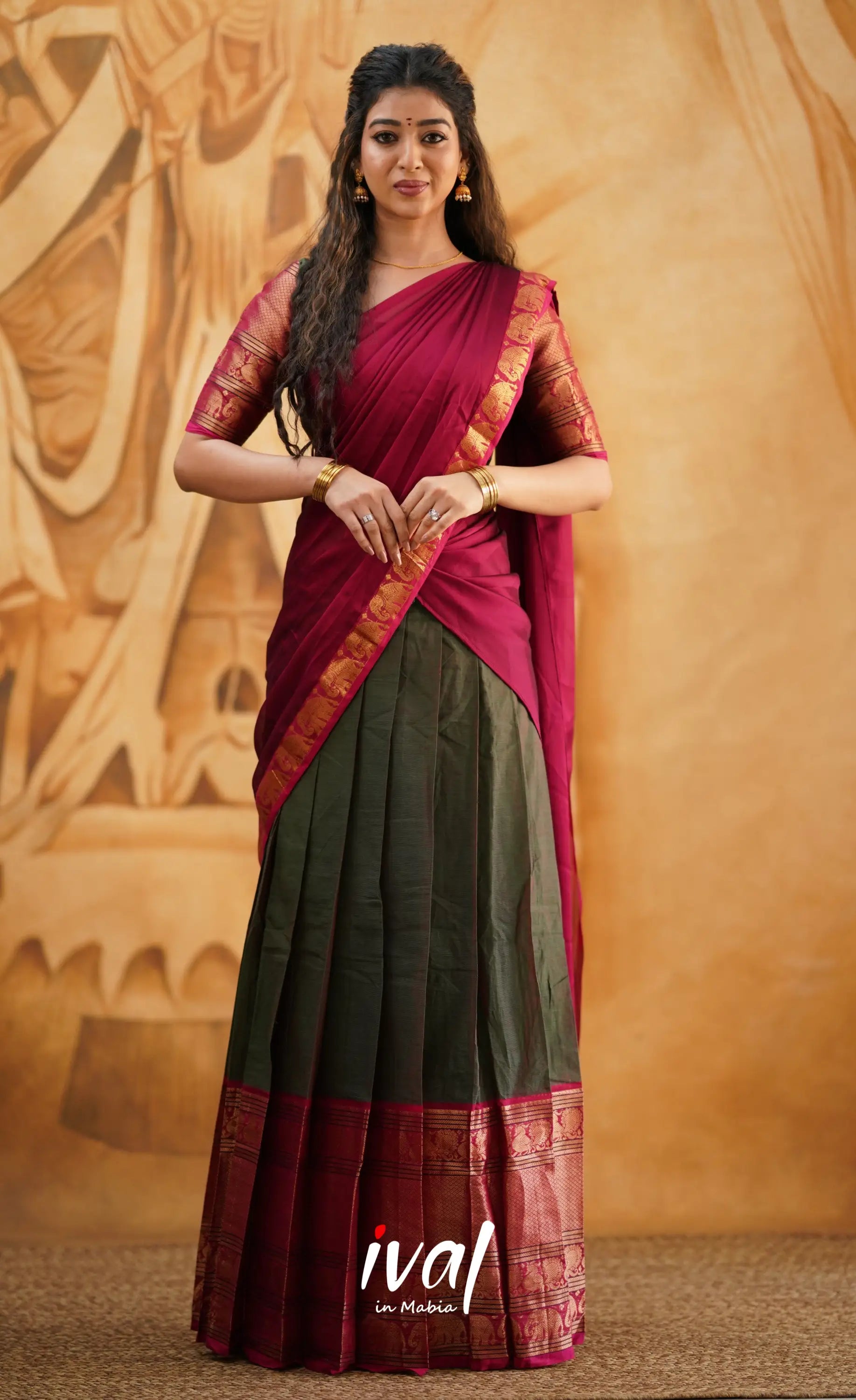 Padmaja - Manthalir Green And Reddish Maroon Cotton Halfsaree Half Sarees