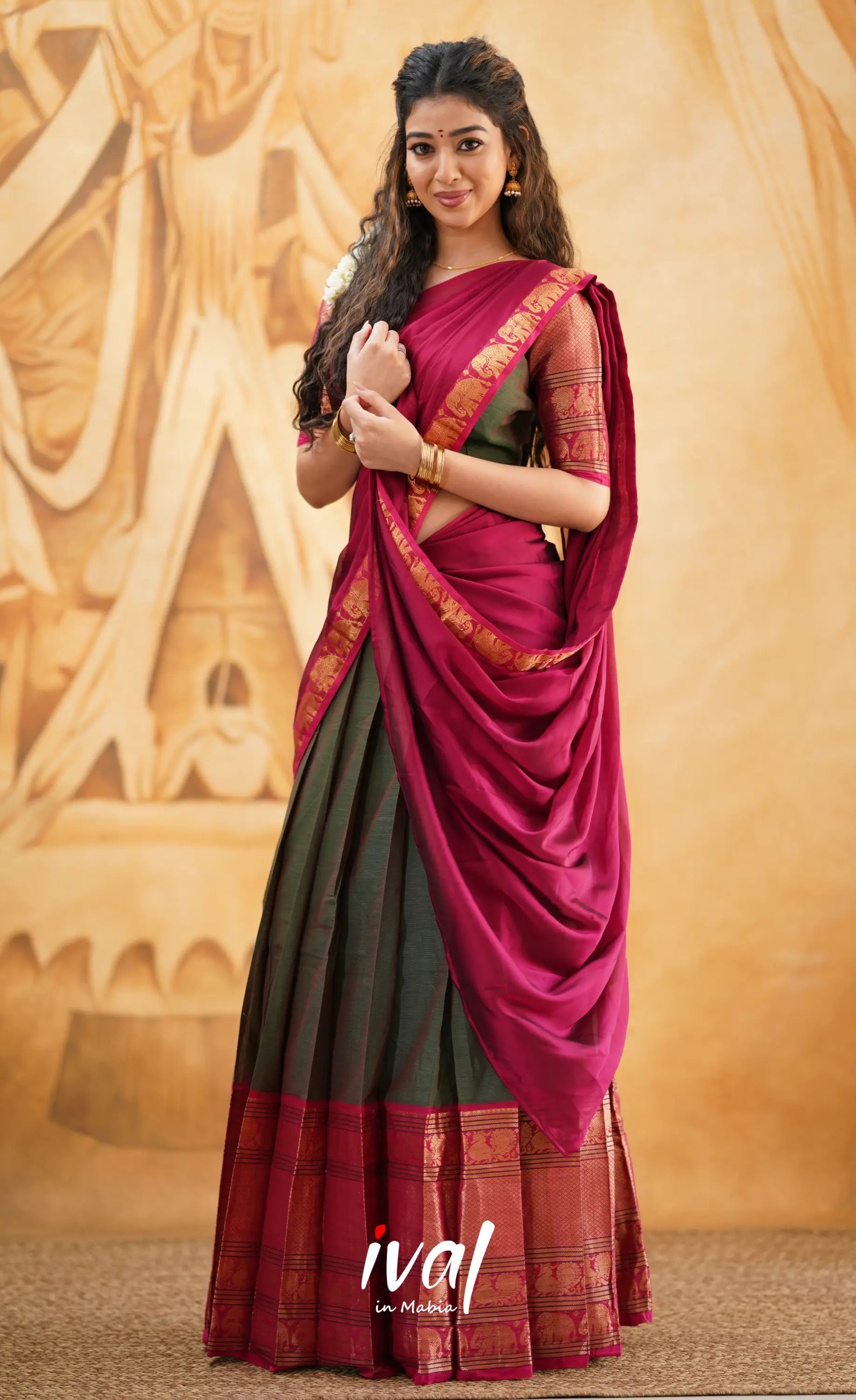 Padmaja - Manthalir Green And Reddish Maroon Cotton Halfsaree Half Sarees