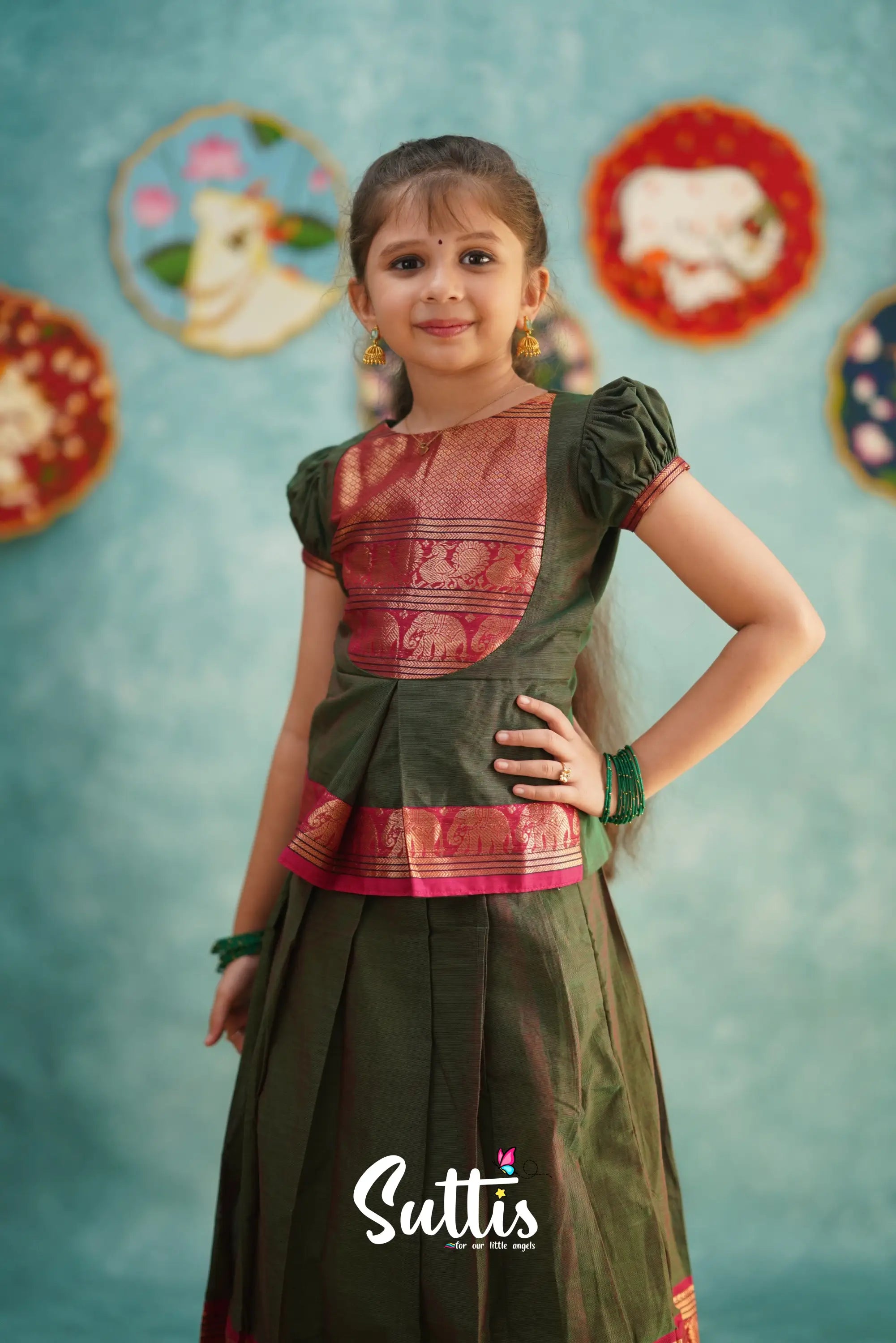 Padmaja - Manthalir Green And Reddish Maroon Pavadai Sattai Kids-Suttis