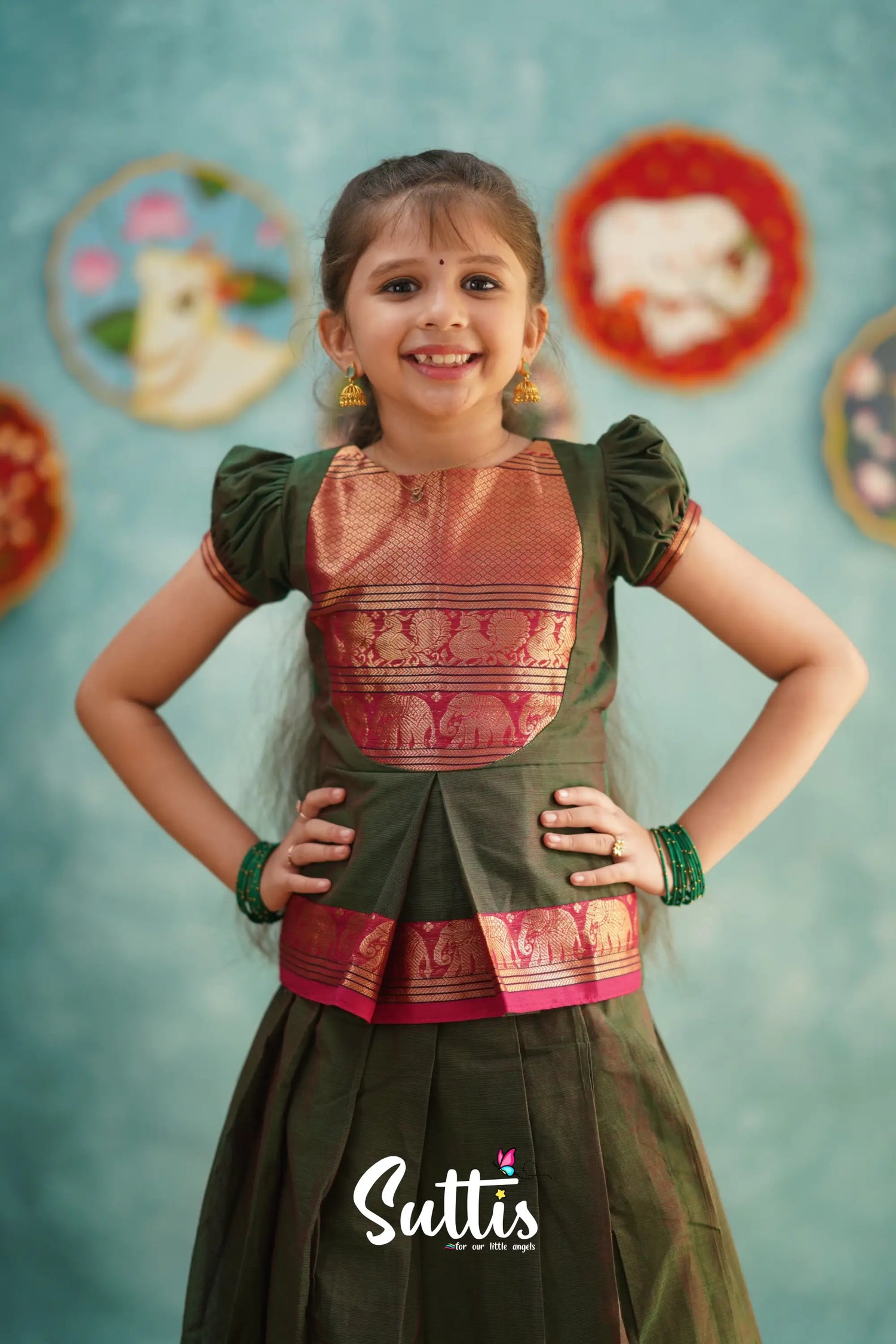 Padmaja - Manthalir Green And Reddish Maroon Pavadai Sattai Kids-Suttis