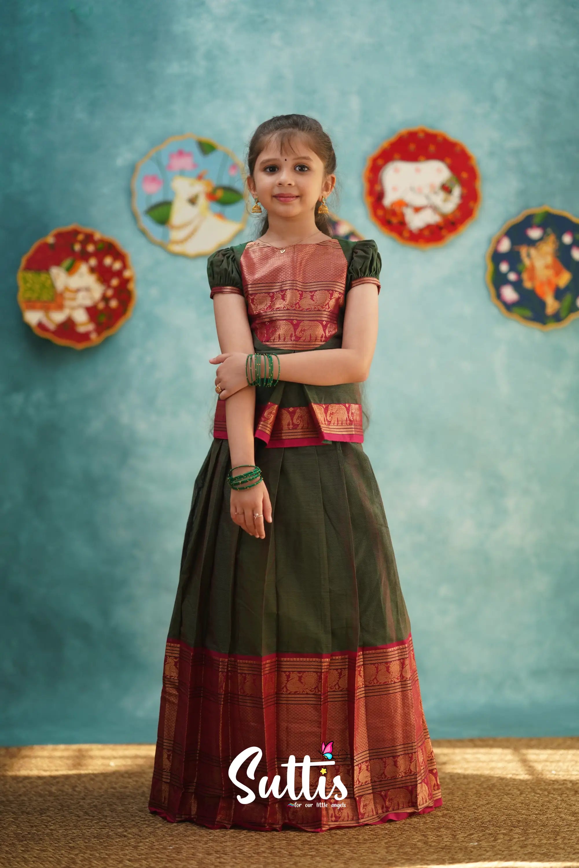 Padmaja - Manthalir Green And Reddish Maroon Pavadai Sattai Kids-Suttis
