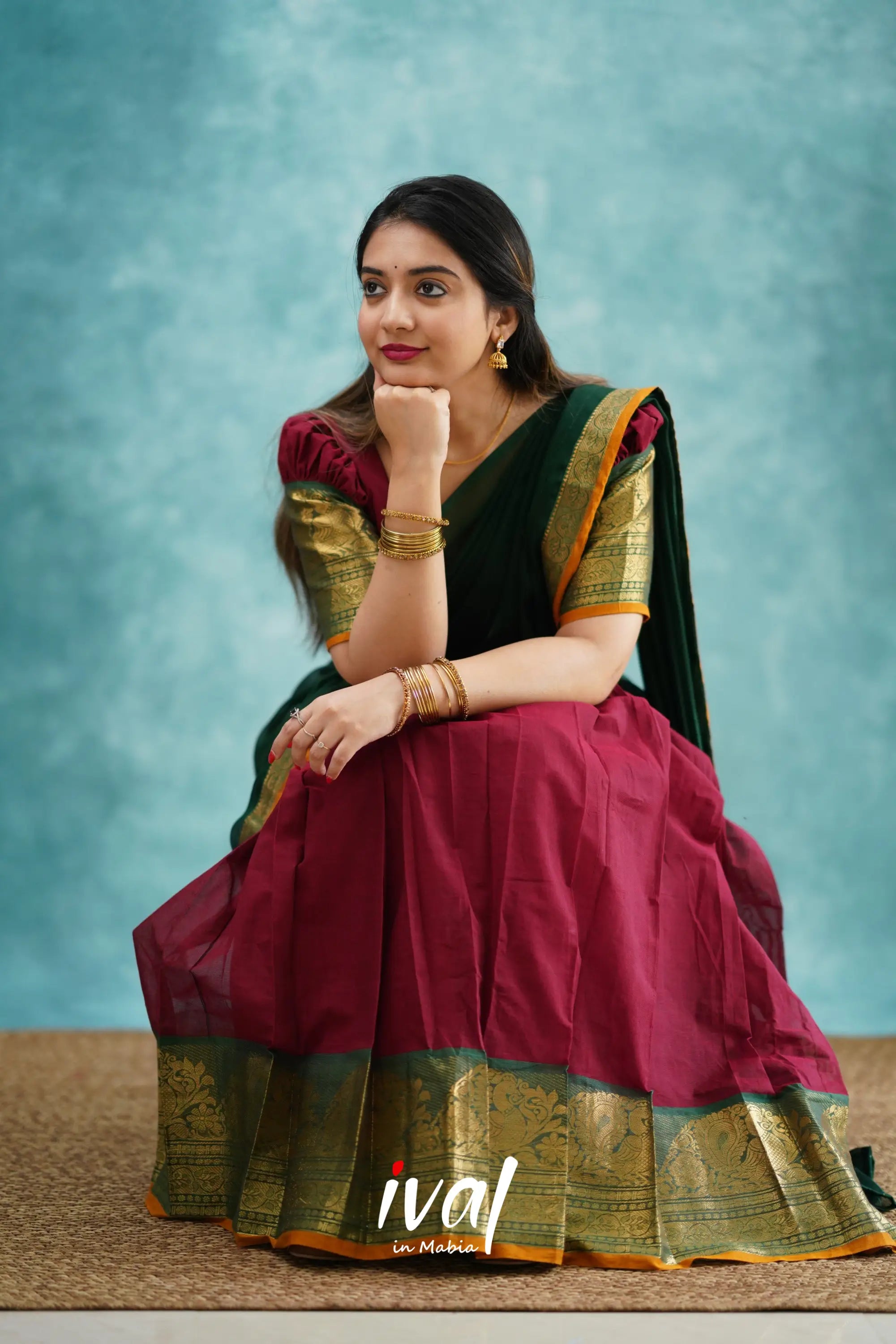 Padmaja - Maroon And Dark Green Cotton Halfsaree Half Sarees