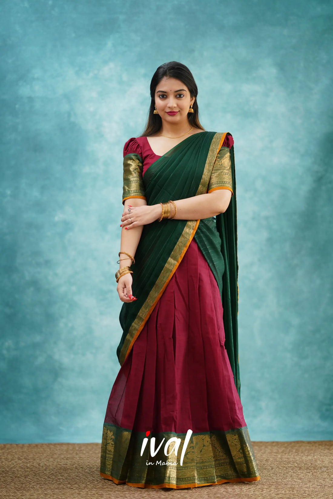 Padmaja - Maroon And Dark Green Cotton Halfsaree Half Sarees