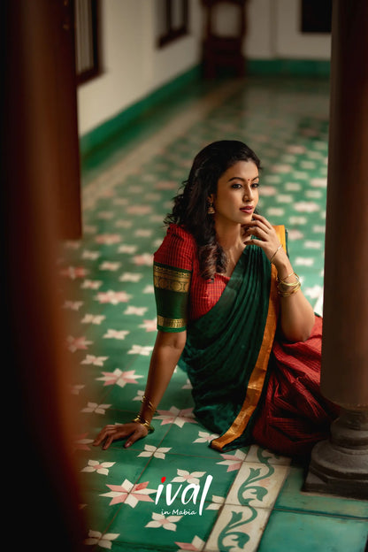 Padmaja - Maroon And Dark Green Cotton Halfsaree Half Sarees