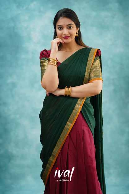 Padmaja - Maroon And Dark Green Cotton Halfsaree Half Sarees