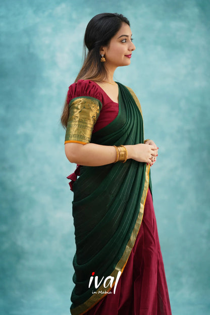 Padmaja - Maroon And Dark Green Cotton Halfsaree Half Sarees