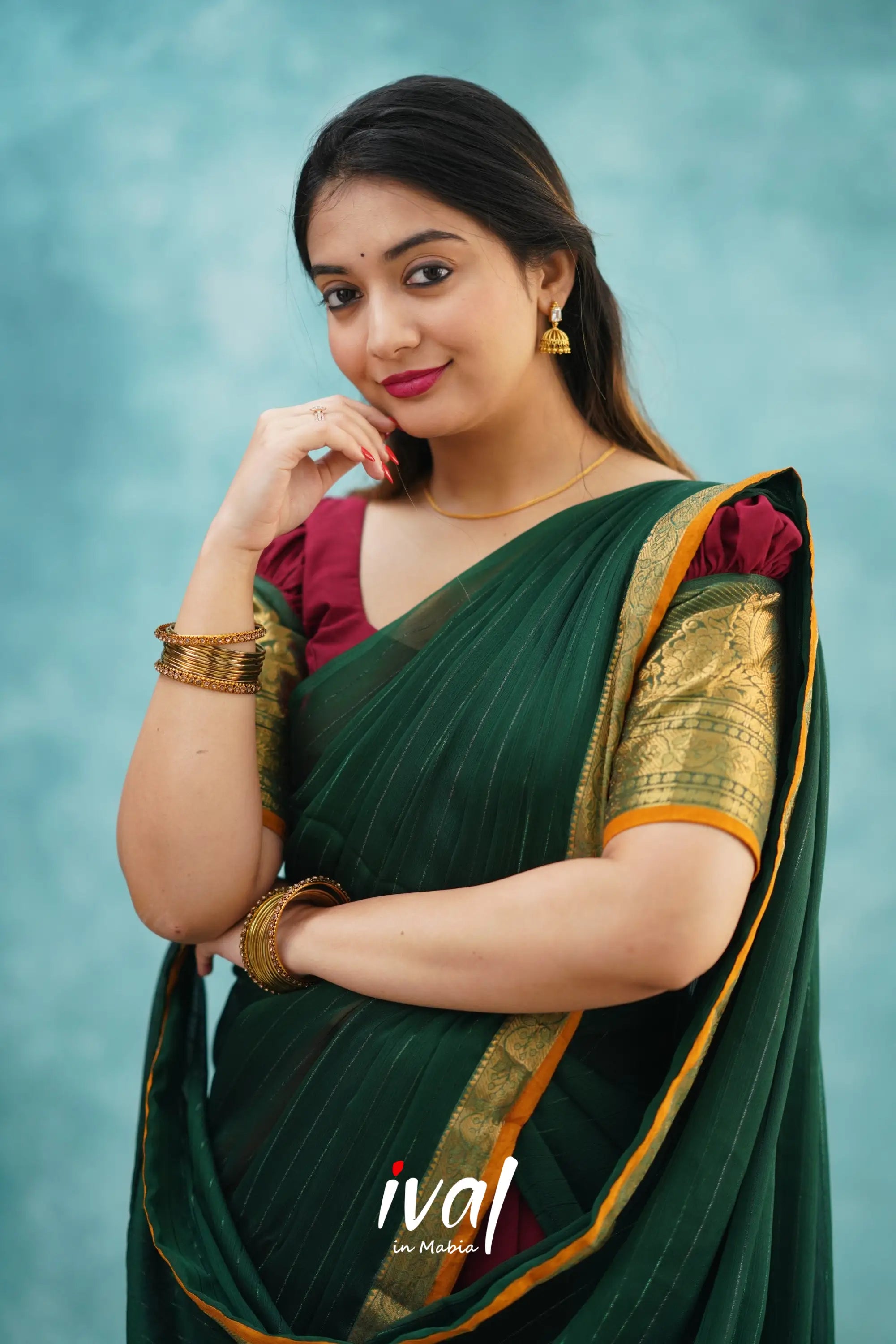 Padmaja - Maroon And Dark Green Cotton Halfsaree Half Sarees