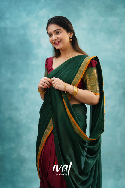 Padmaja - Maroon And Dark Green Cotton Halfsaree Half Sarees