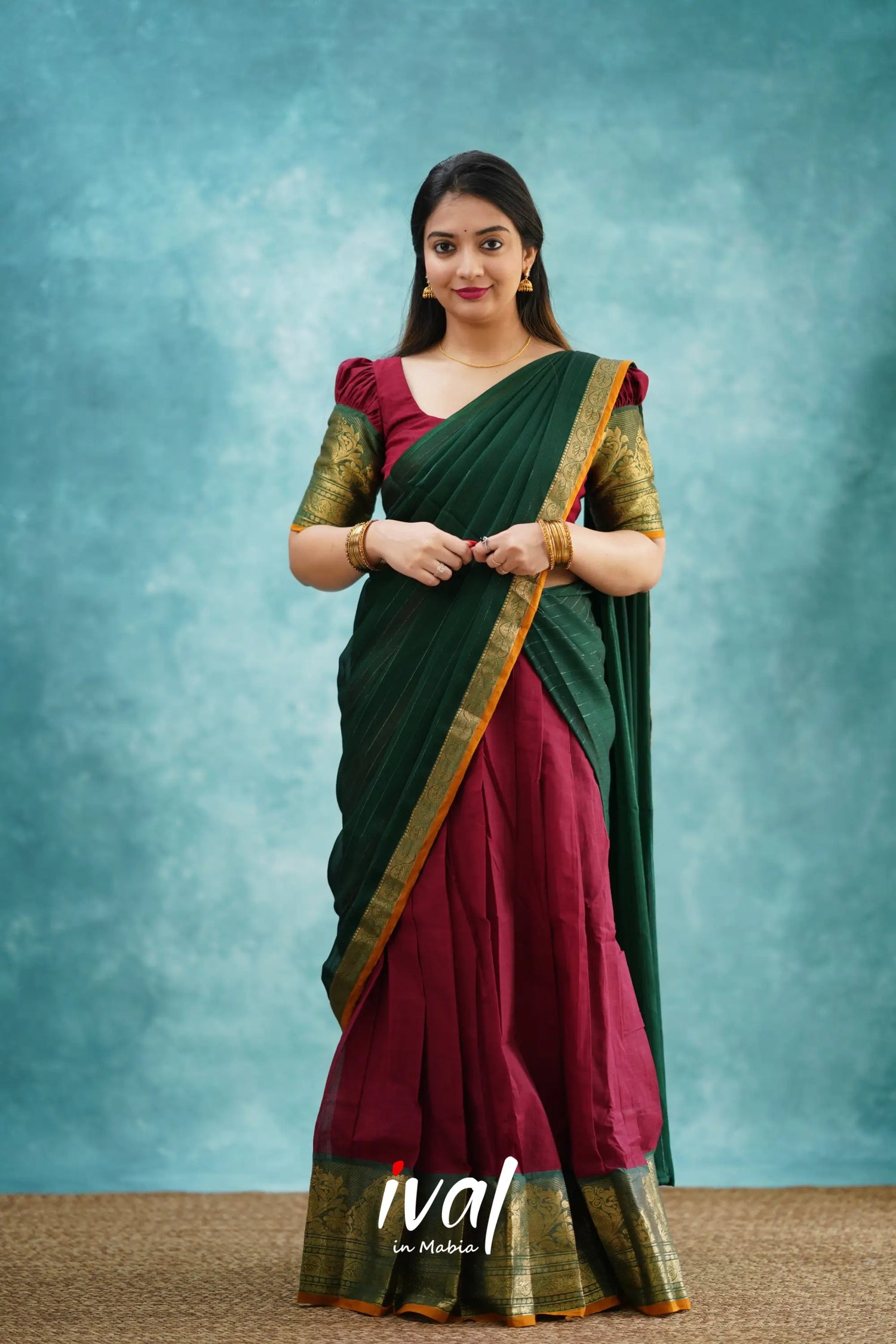 Padmaja - Maroon And Dark Green Cotton Halfsaree Half Sarees