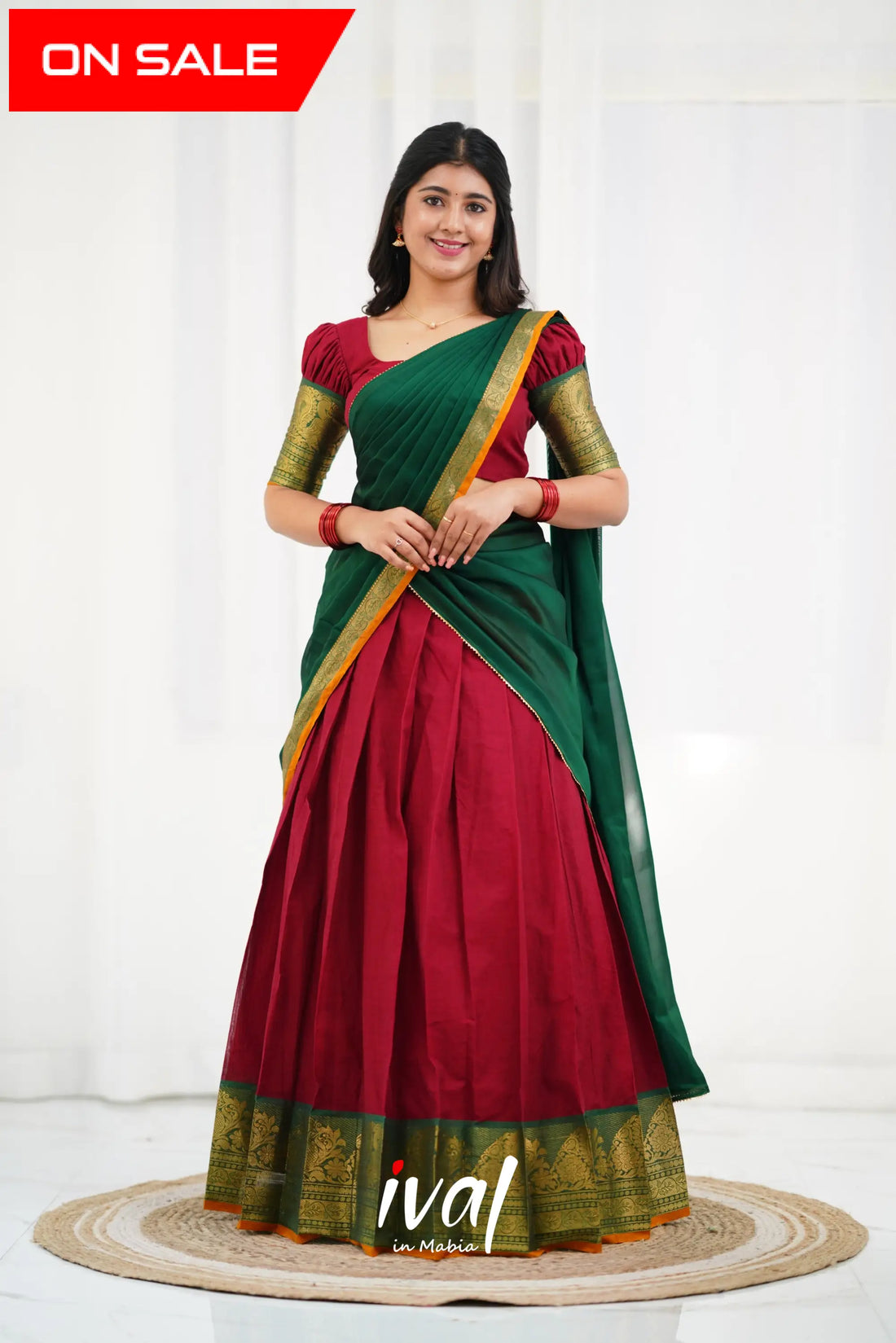 Padmaja - Maroon And Dark Green Cotton Halfsaree Half Sarees