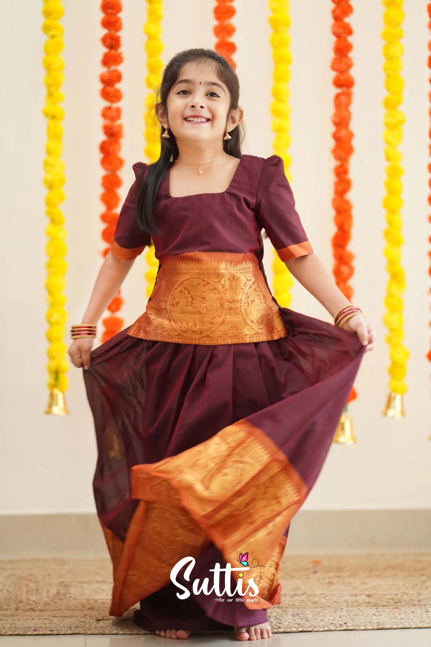 Padmaja - Maroon And Dark Mustard Cotton Pavadai Sattai Kids-Suttis