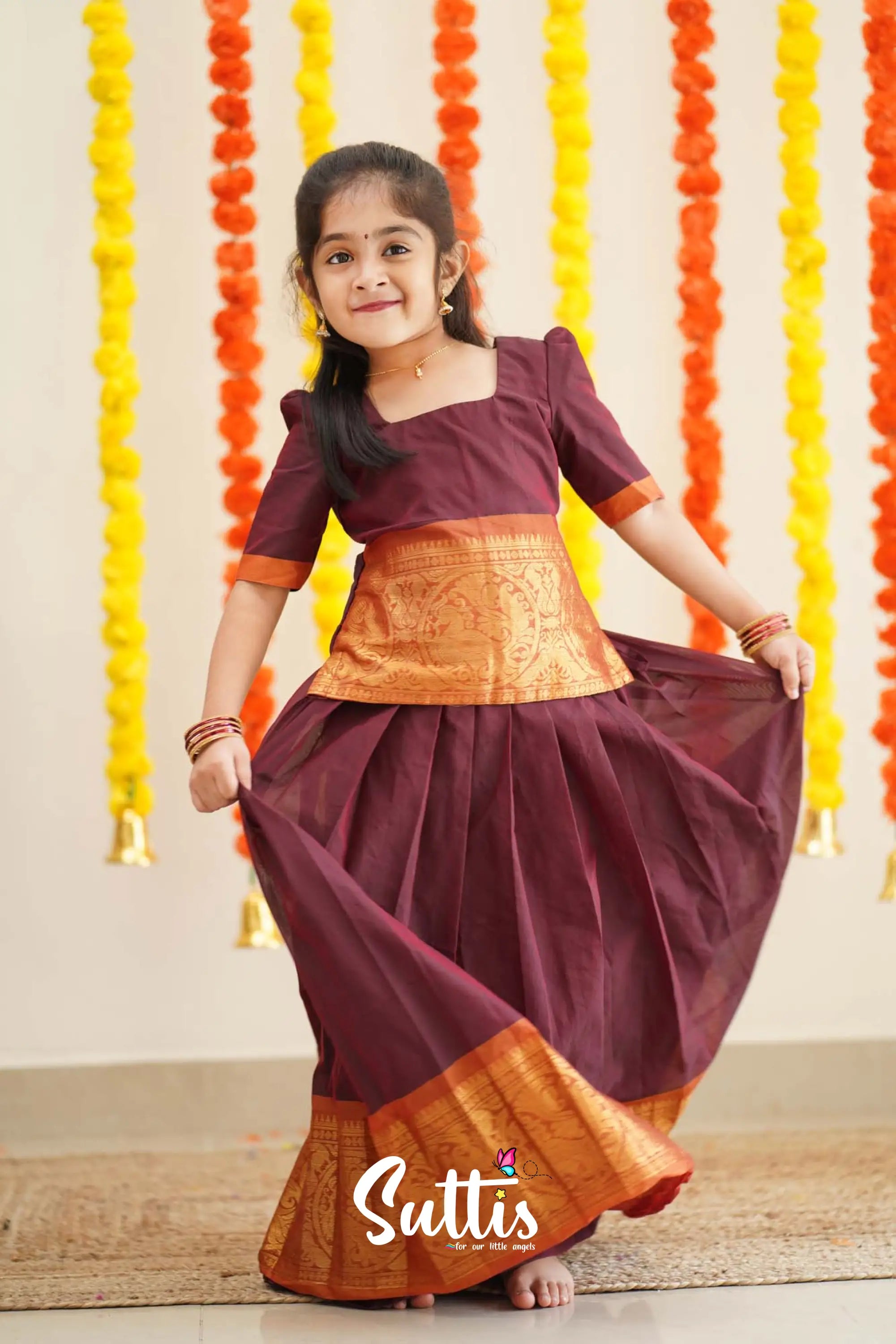 Padmaja - Maroon And Dark Mustard Cotton Pavadai Sattai Kids-Suttis