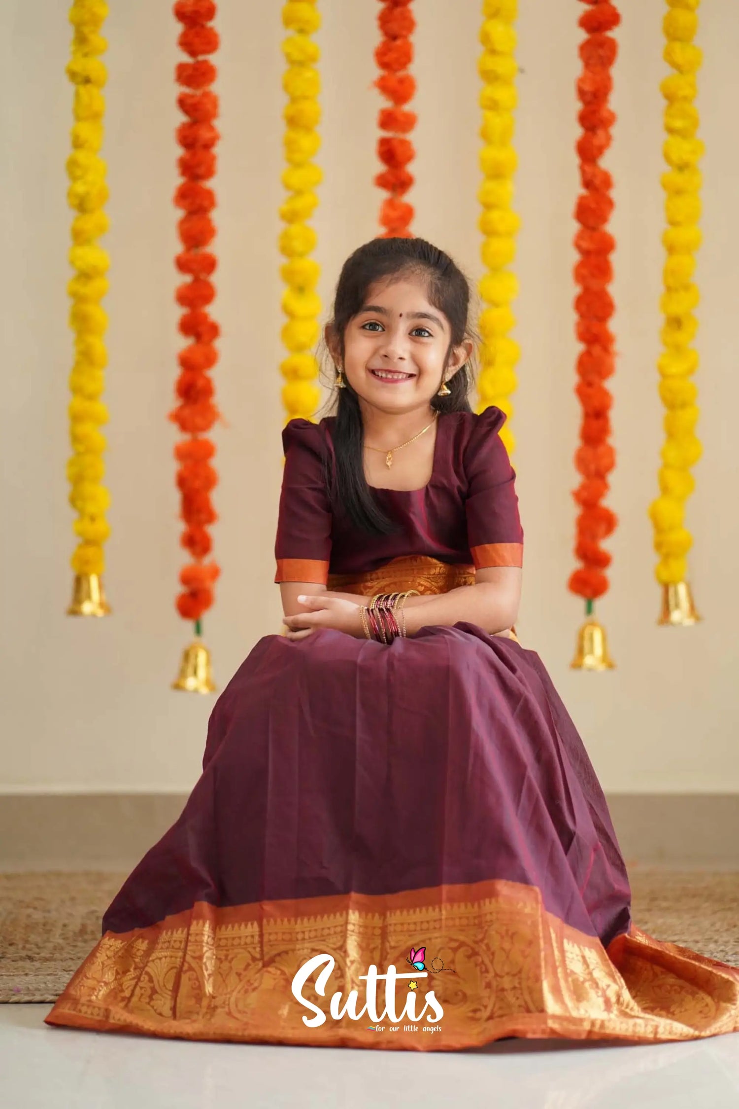 Padmaja - Maroon And Dark Mustard Cotton Pavadai Sattai Kids-Suttis