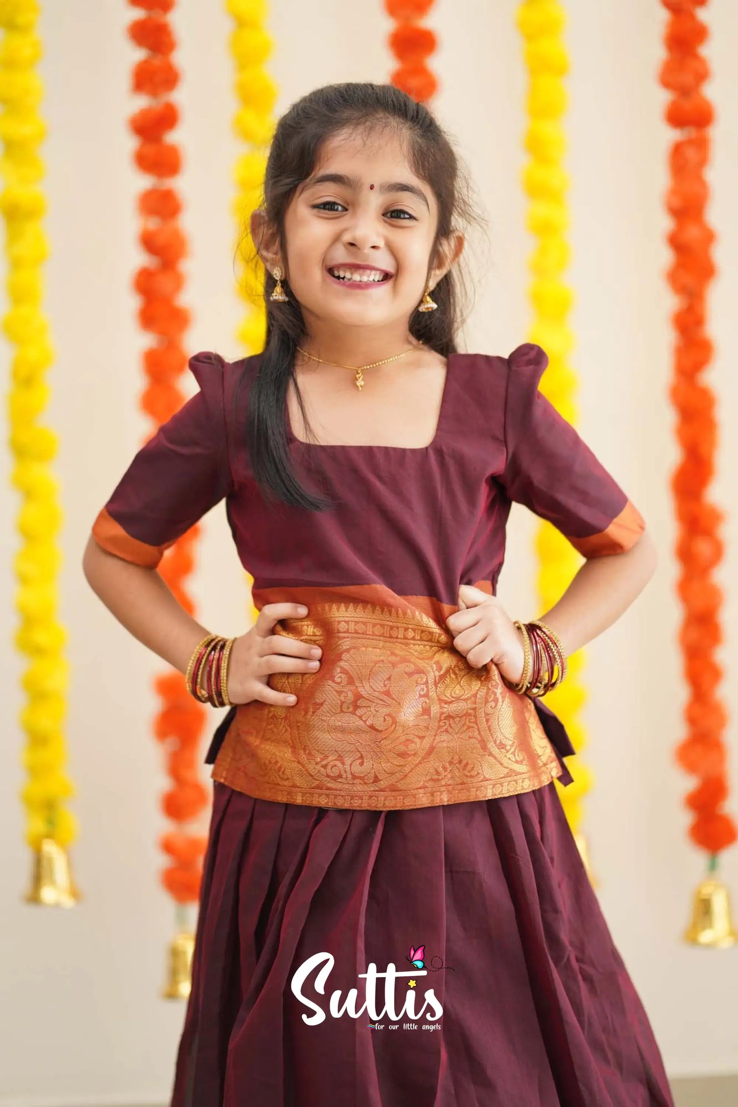 Padmaja - Maroon And Dark Mustard Cotton Pavadai Sattai Kids-Suttis