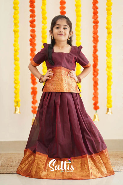 Padmaja - Maroon And Dark Mustard Cotton Pavadai Sattai Kids-Suttis