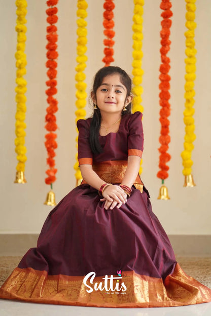 Padmaja - Maroon And Dark Mustard Cotton Pavadai Sattai Kids-Suttis