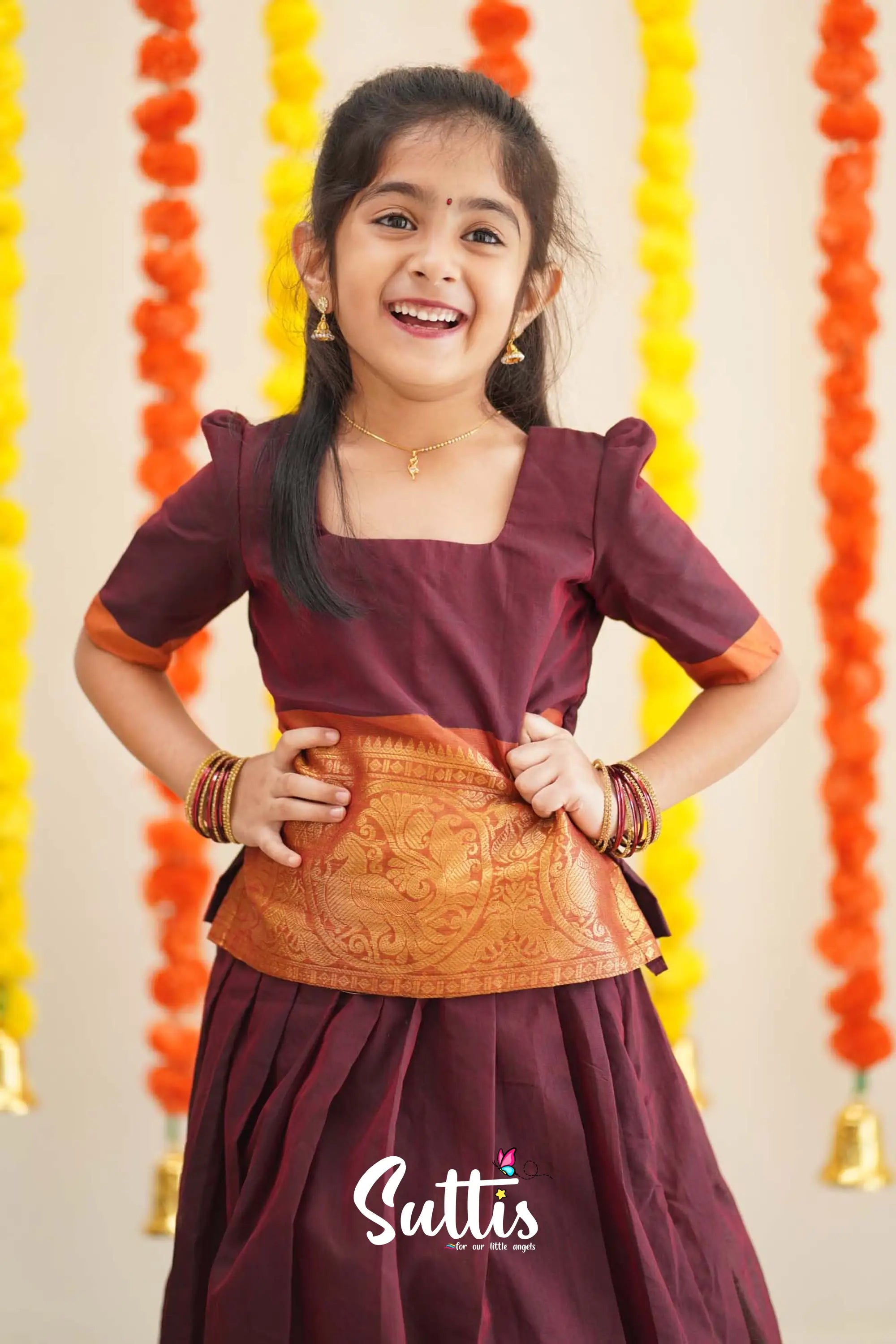 Padmaja - Maroon And Dark Mustard Cotton Pavadai Sattai Kids-Suttis