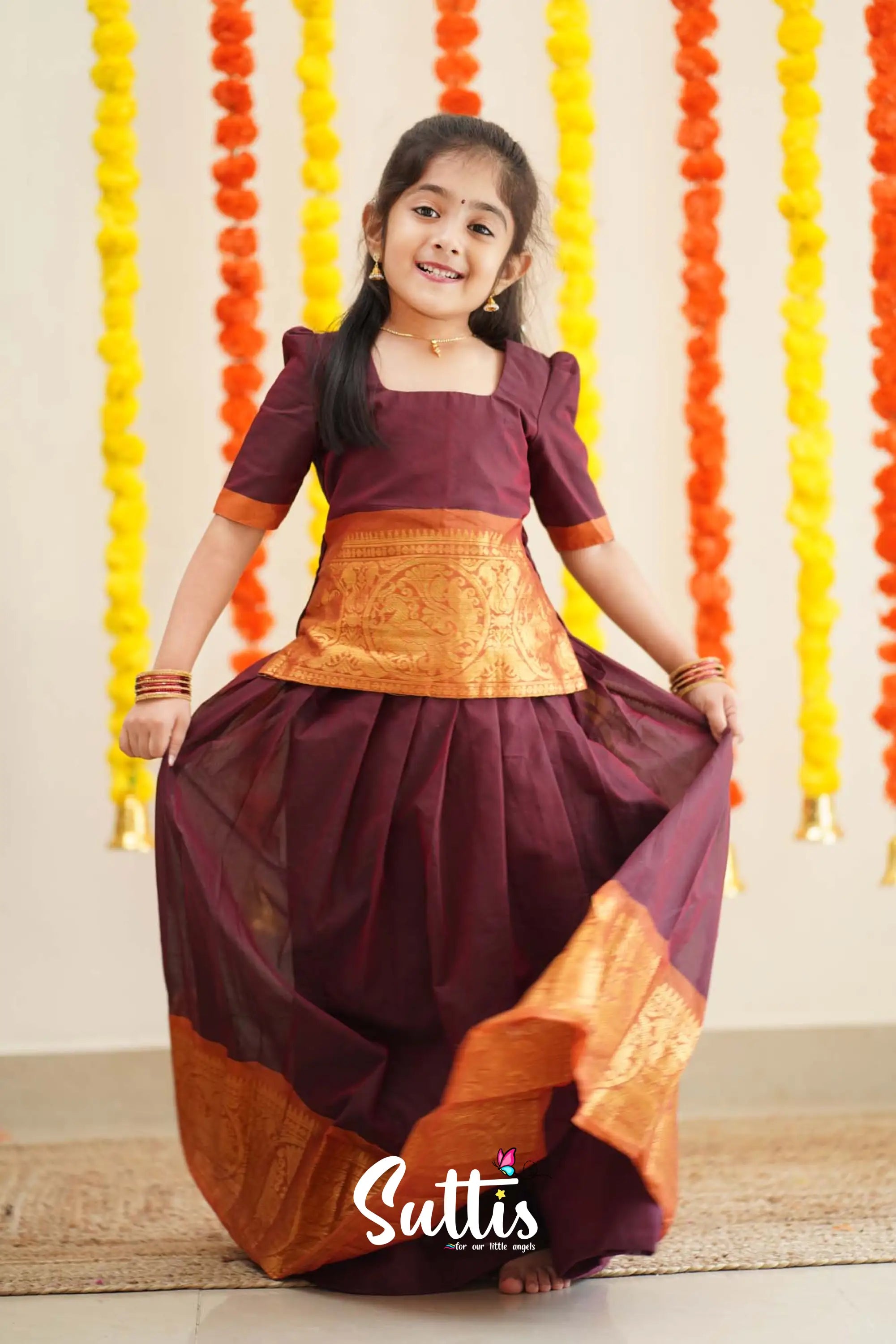 Padmaja - Maroon And Dark Mustard Cotton Pavadai Sattai Kids-Suttis