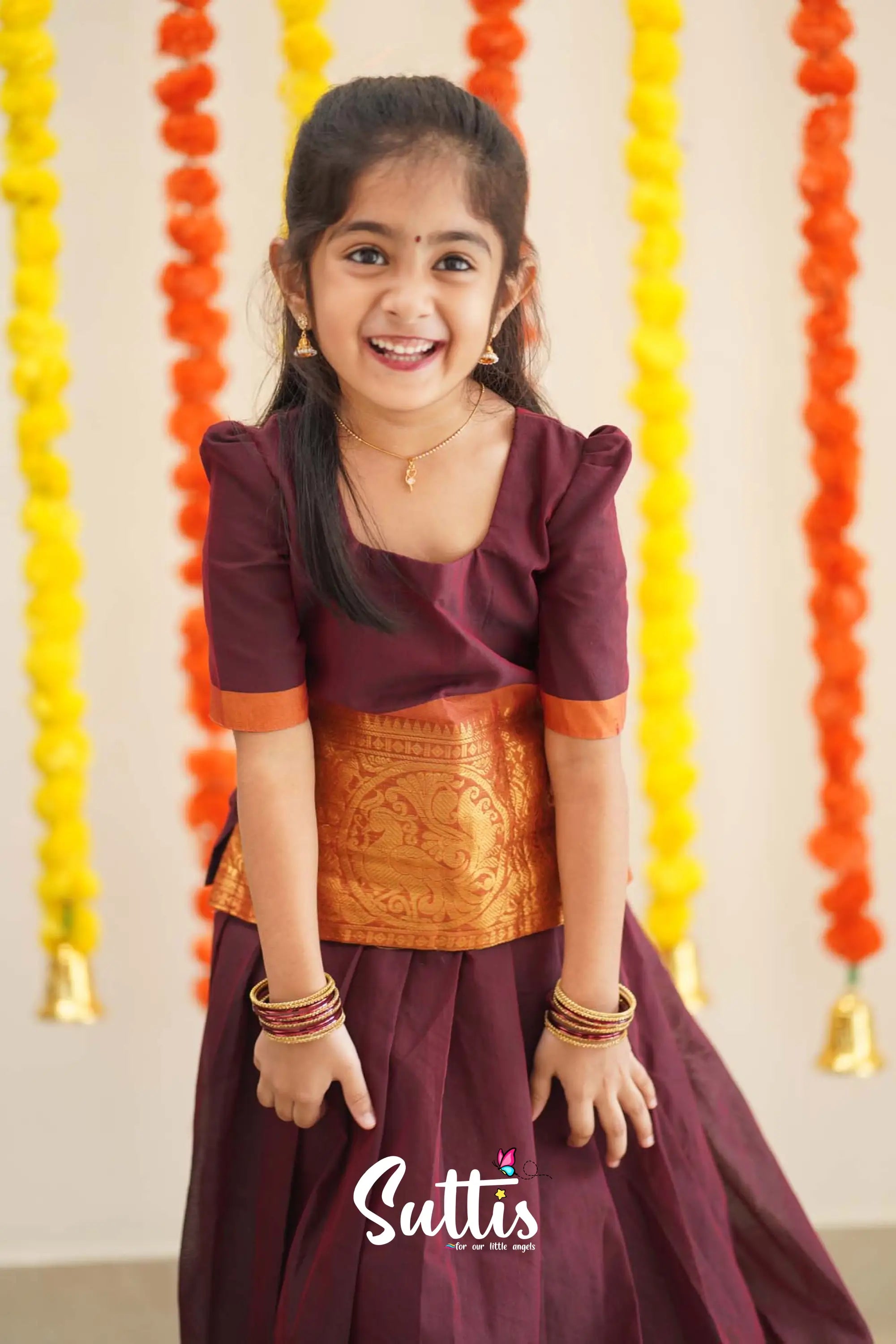 Padmaja - Maroon And Dark Mustard Cotton Pavadai Sattai Kids-Suttis