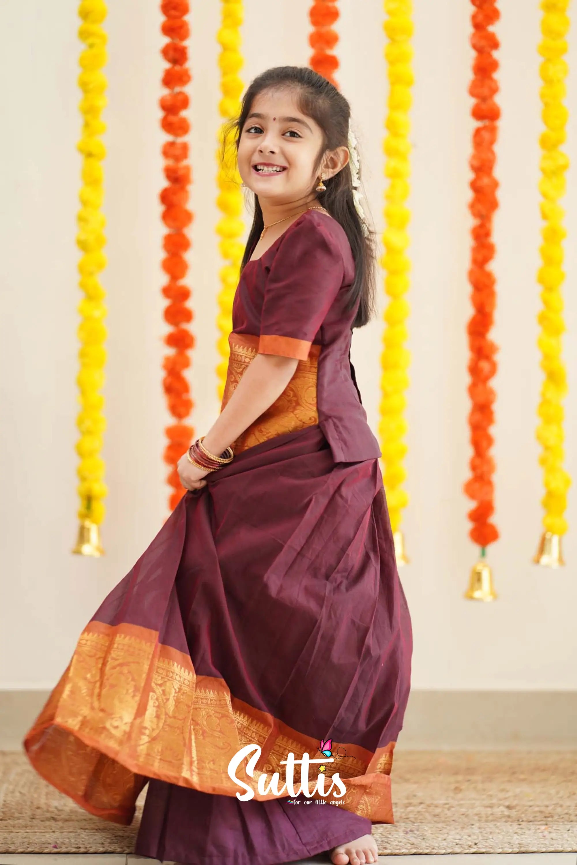 Padmaja - Maroon And Dark Mustard Cotton Pavadai Sattai Kids-Suttis