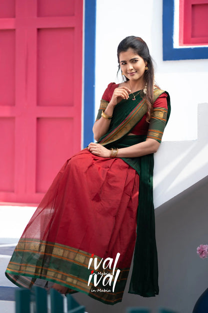 Padmaja - Maroonish Red And Bottle Green Cotton Halfsaree Half Sarees