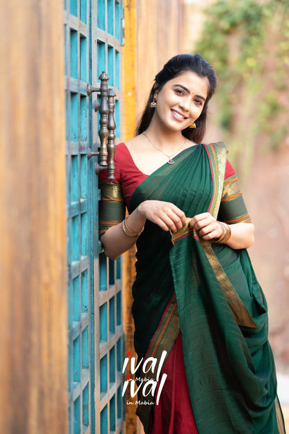 Padmaja - Maroonish Red And Bottle Green Cotton Halfsaree Half Sarees