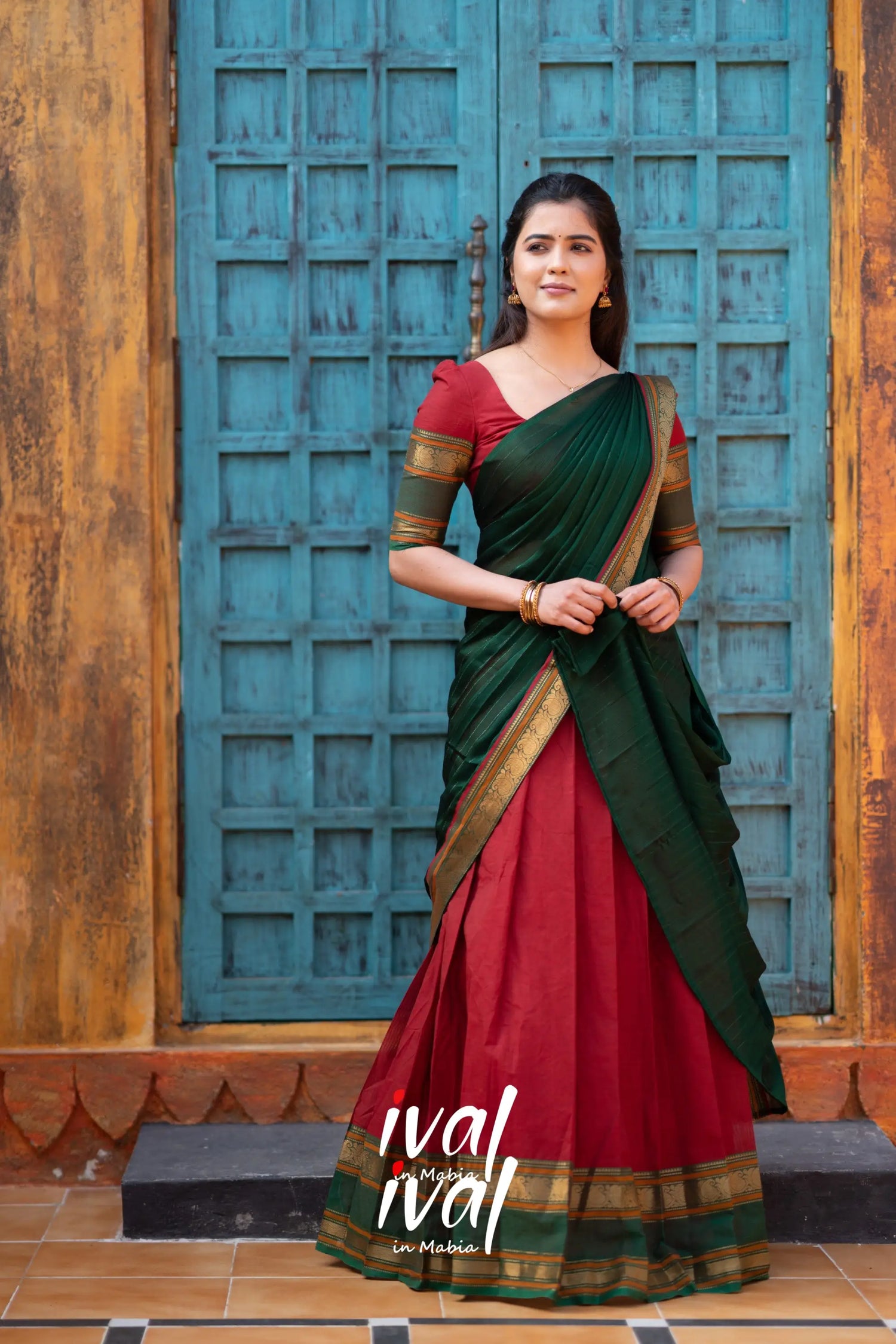 Padmaja - Maroonish Red And Bottle Green Cotton Halfsaree Half Sarees