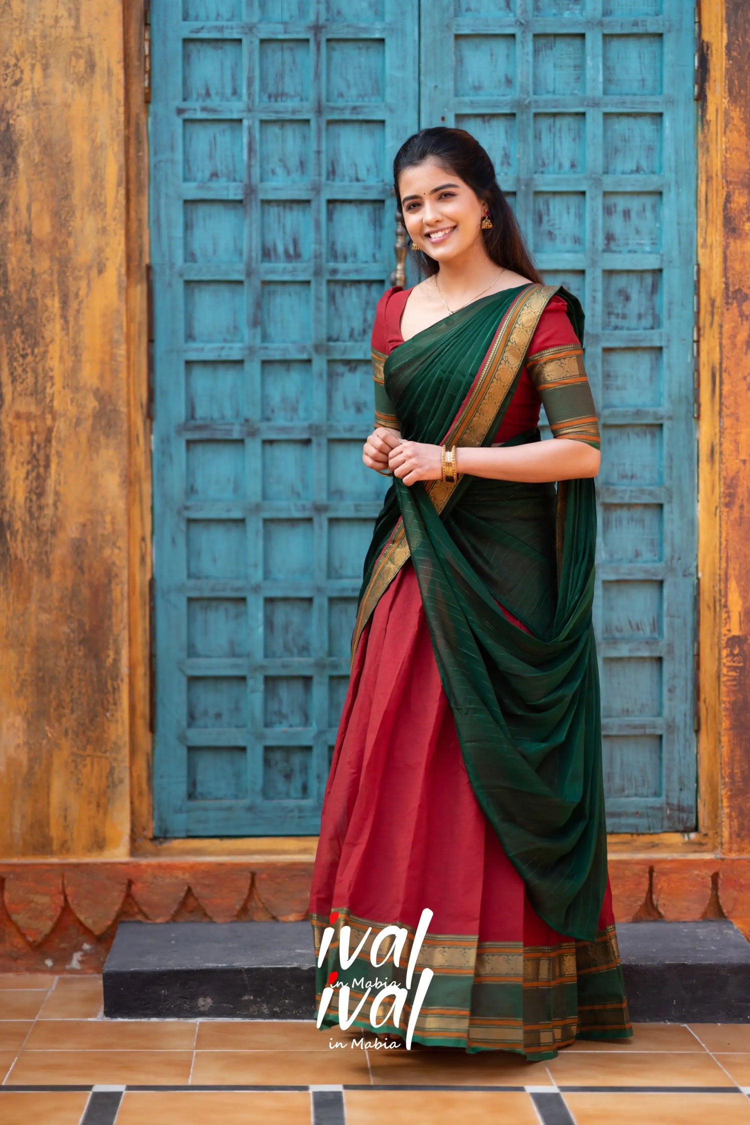 Padmaja - Maroonish Red And Bottle Green Cotton Halfsaree Half Sarees