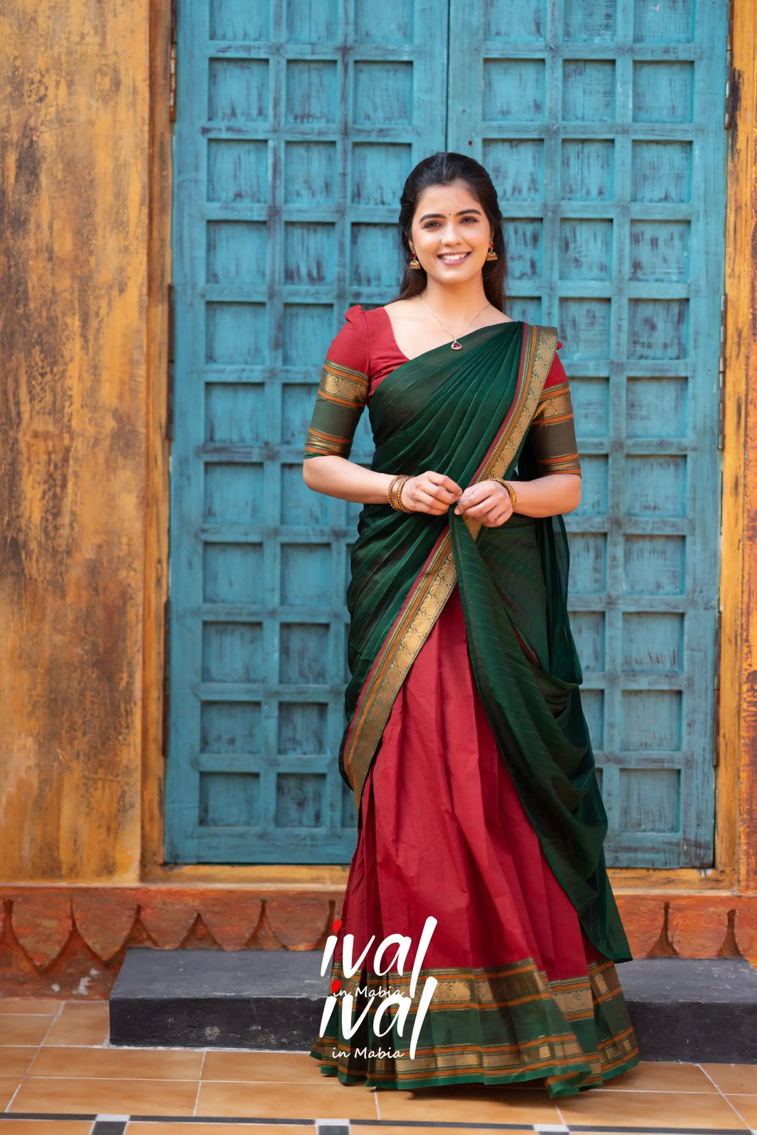 Padmaja - Maroonish Red And Bottle Green Cotton Halfsaree Half Sarees