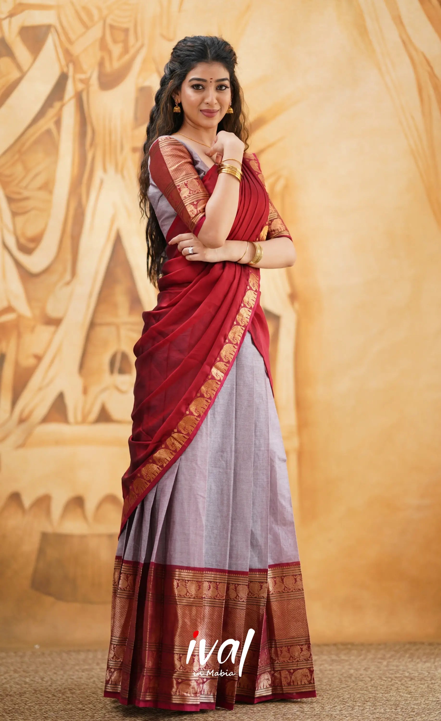 Padmaja - Mauve And Red Cotton Halfsaree Half Sarees