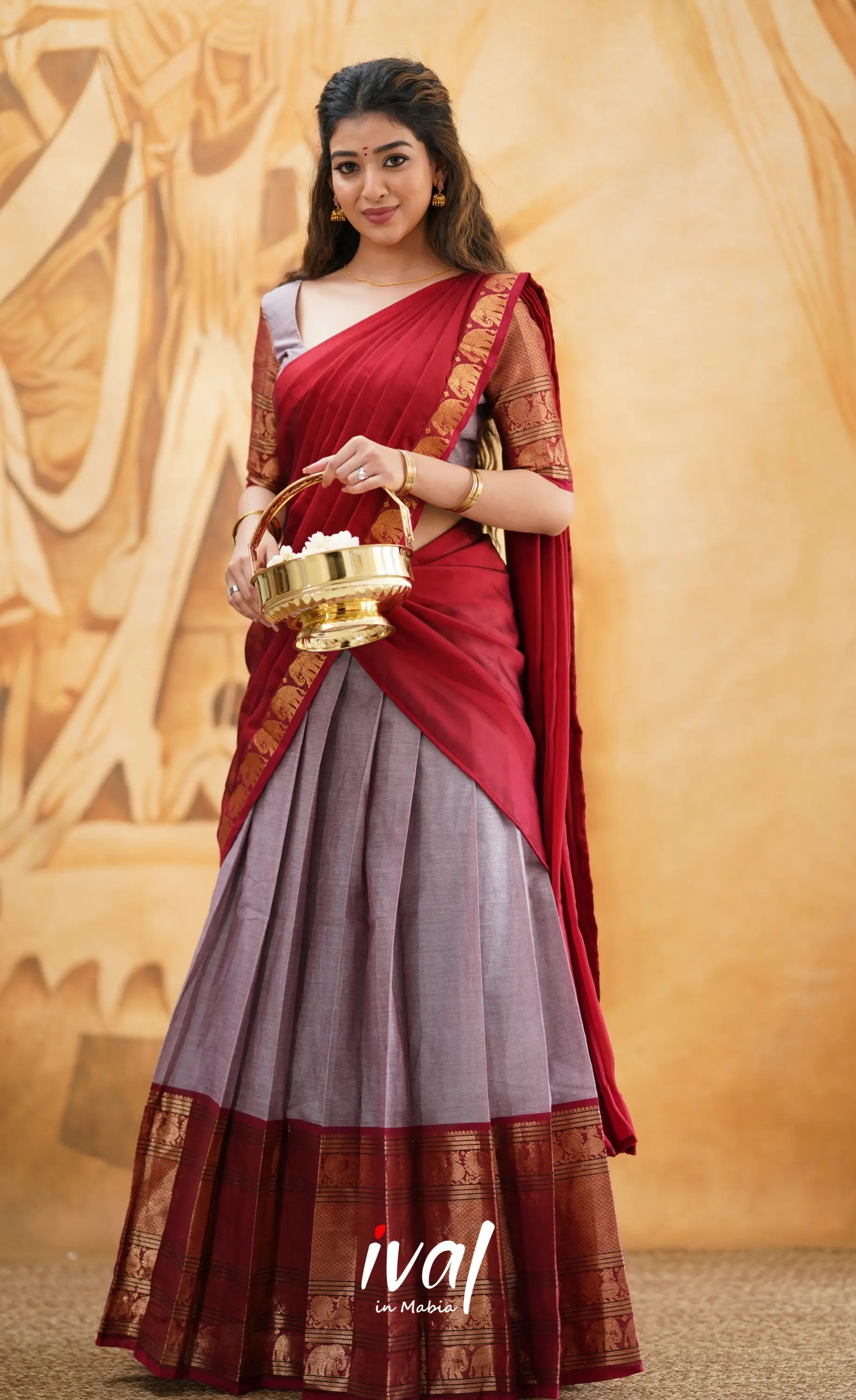 Padmaja - Mauve And Red Cotton Halfsaree Half Sarees