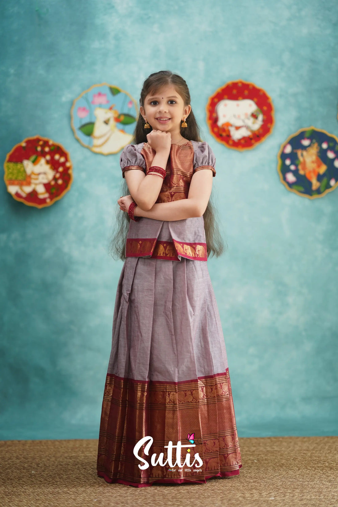 Padmaja - Mauve And Red Pavadai Sattai Kids-Suttis