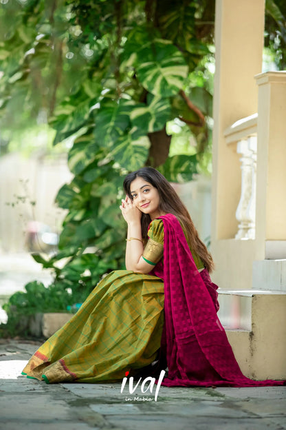 Padmaja - Mehendi Green And Pink Cotton Halfsaree Half Sarees